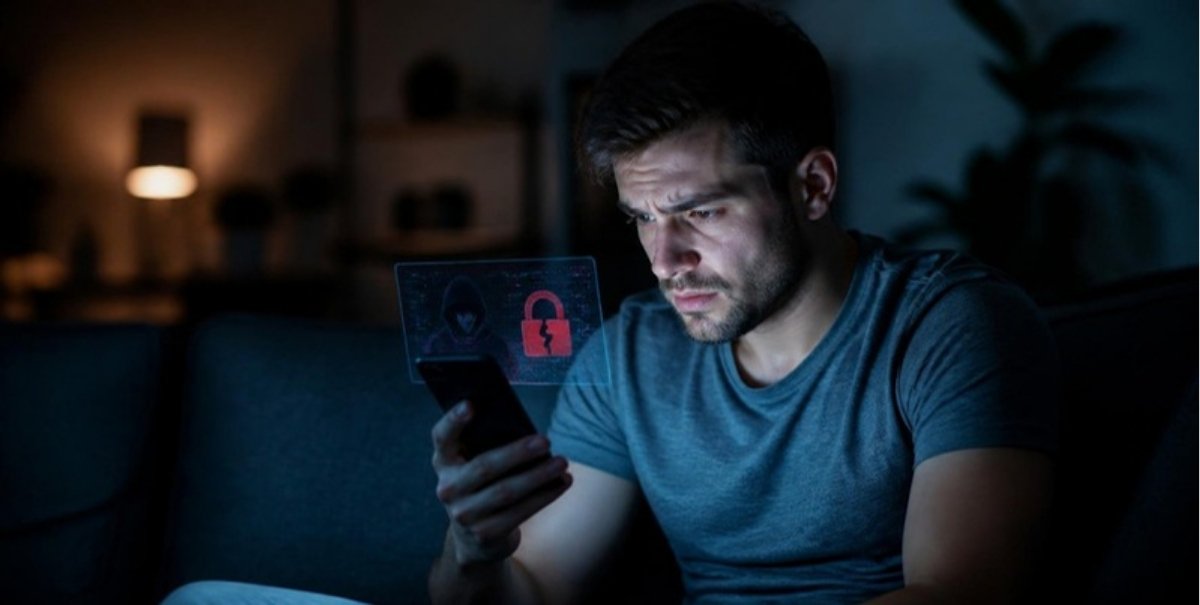 Homem olhando preocupado para o celular com cadeado vermelho aberto na tela, simbolizando conta do Instagram hackeada