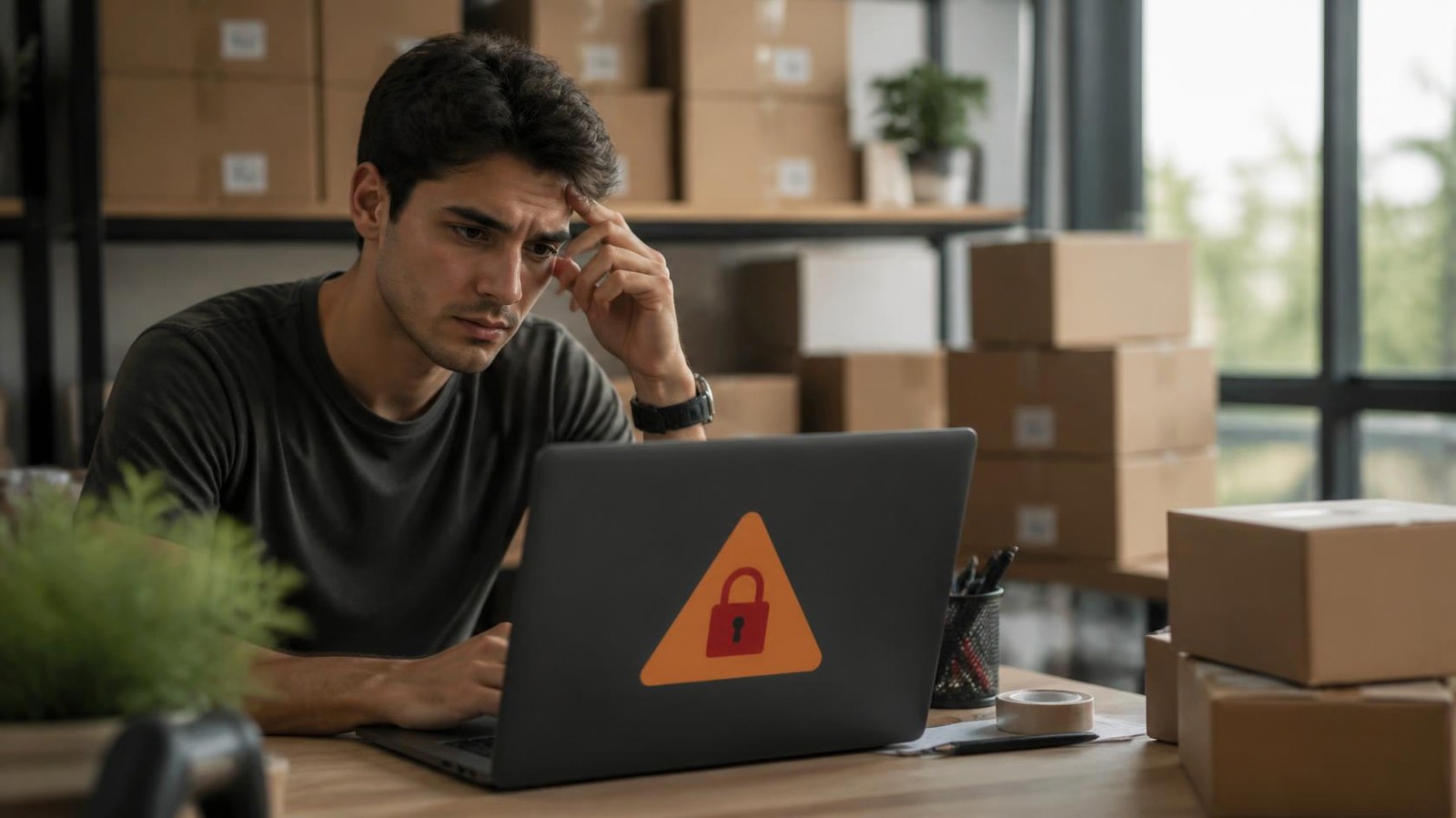 Vendedor online preocupado olhando para o notebook com alerta de conta bloqueada, cercado de caixas de encomendas