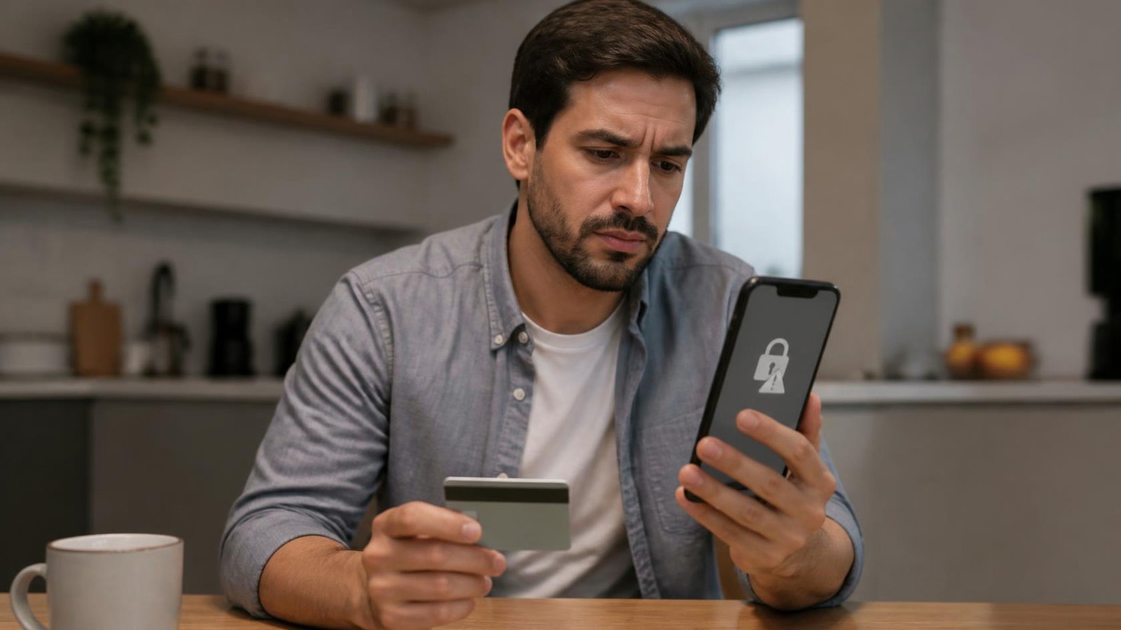 Homem com cartão na mão olhando frustrado para o celular com ícone de cadeado
