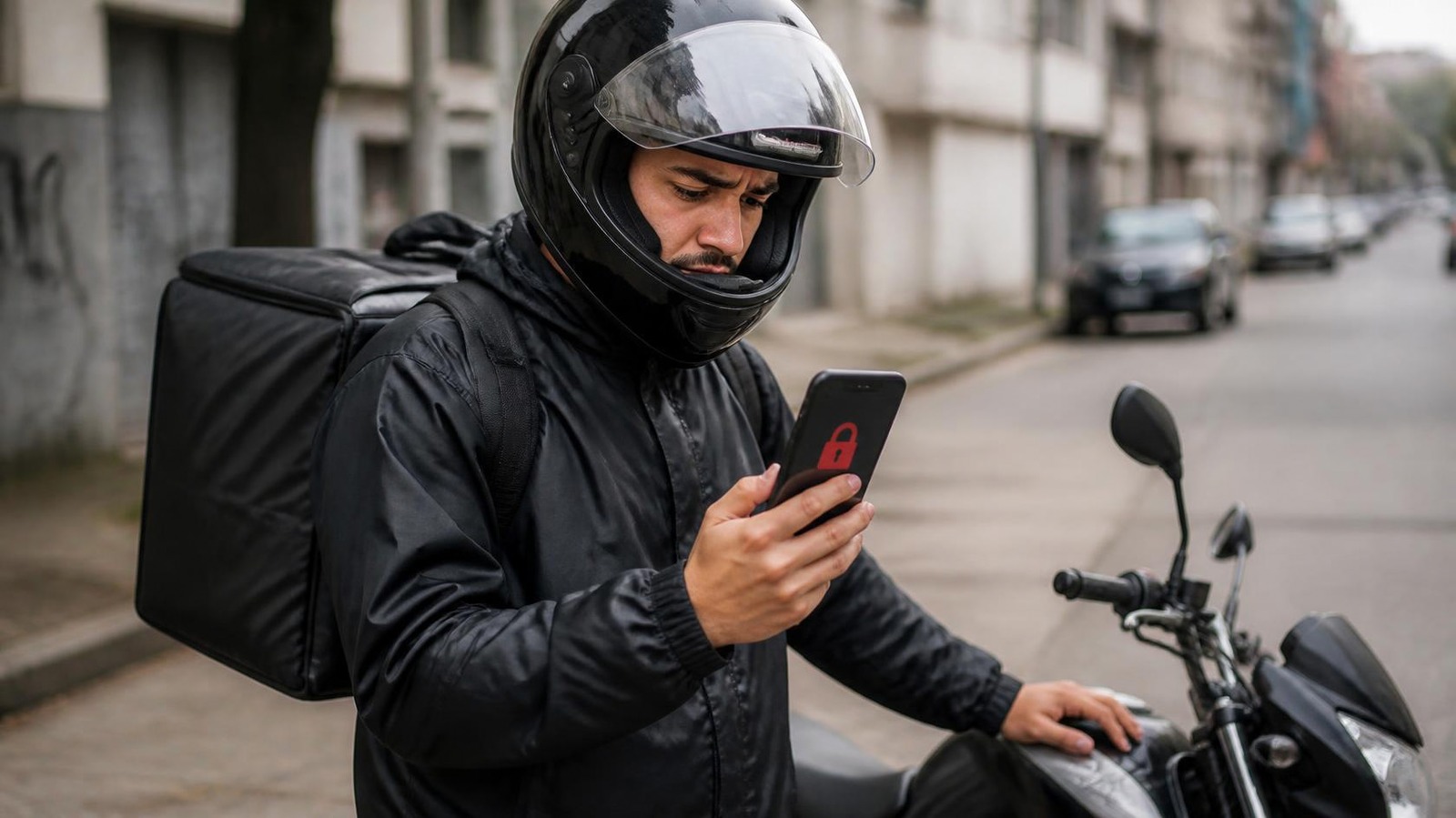 Entregador de moto olhando preocupado para o celular com aviso de bloqueio