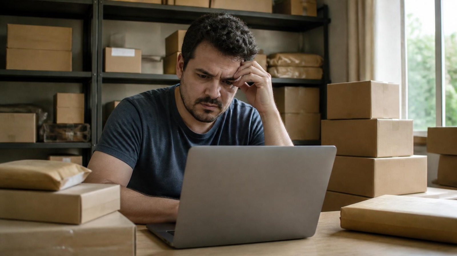 Dono de loja online preocupado olhando o painel de vendas no notebook em meio a caixas de envio