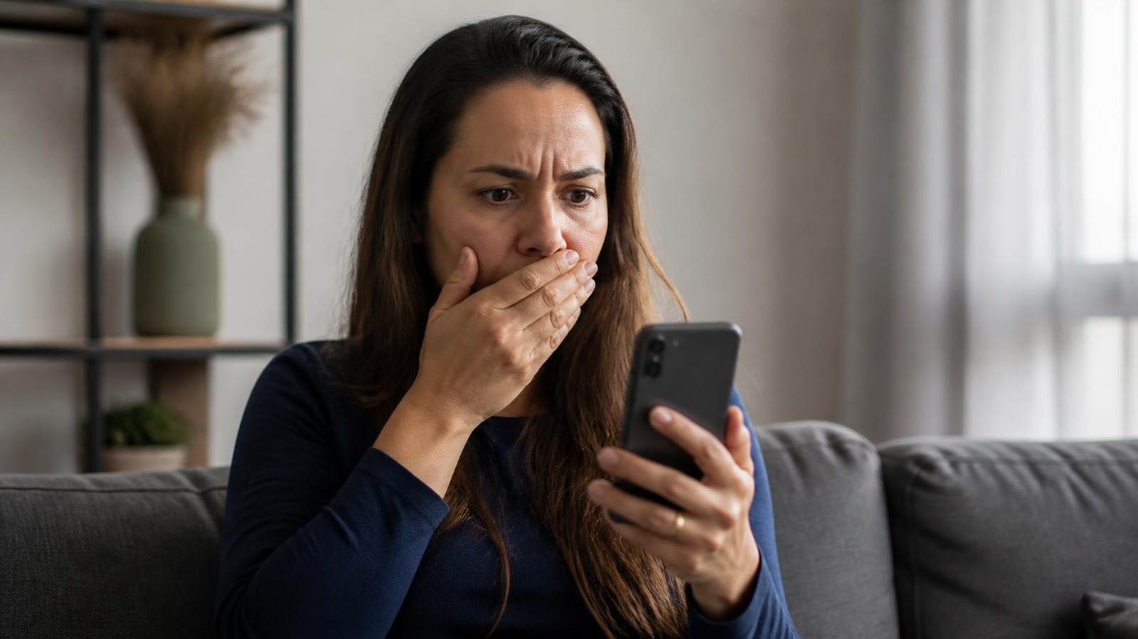 Mulher olhando o celular preocupada ao descobrir perfil falso com suas fotos